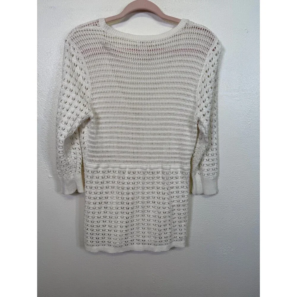 DKNY Women’s Large Cardigan Sweater White Ivory Knit Crochet 3/4 Sleeve cotton